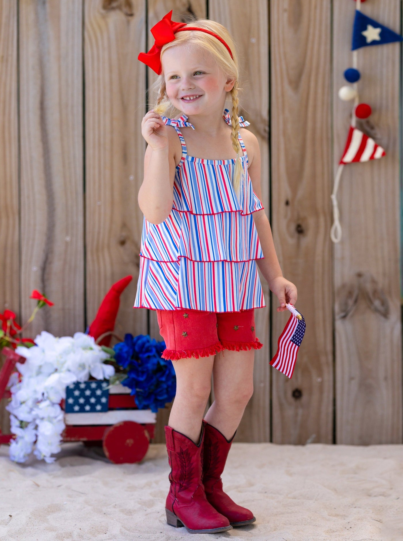 Girls 4th of July Sets | Tiered Halter Top & Frayed Denim Shorts Set