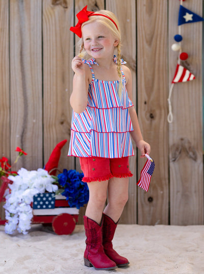 Girls 4th of July Sets | Tiered Halter Top & Frayed Denim Shorts Set