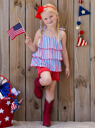 Girls 4th of July Sets | Tiered Halter Top & Frayed Denim Shorts Set