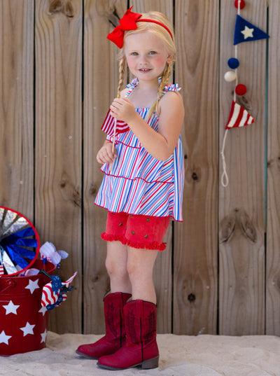 Girls 4th of July Sets | Tiered Halter Top & Frayed Denim Shorts Set