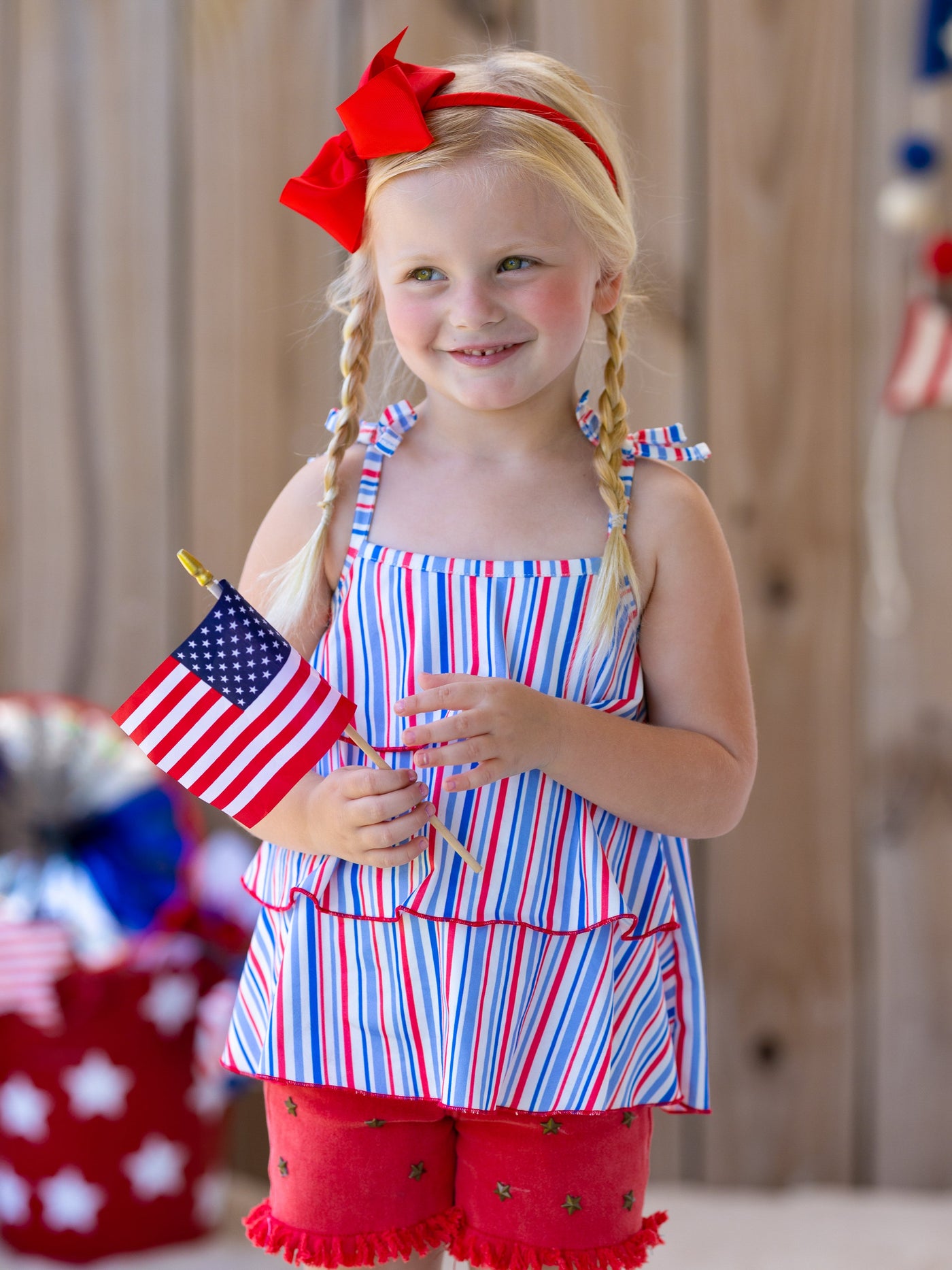 Girls 4th of July Sets | Tiered Halter Top & Frayed Denim Shorts Set