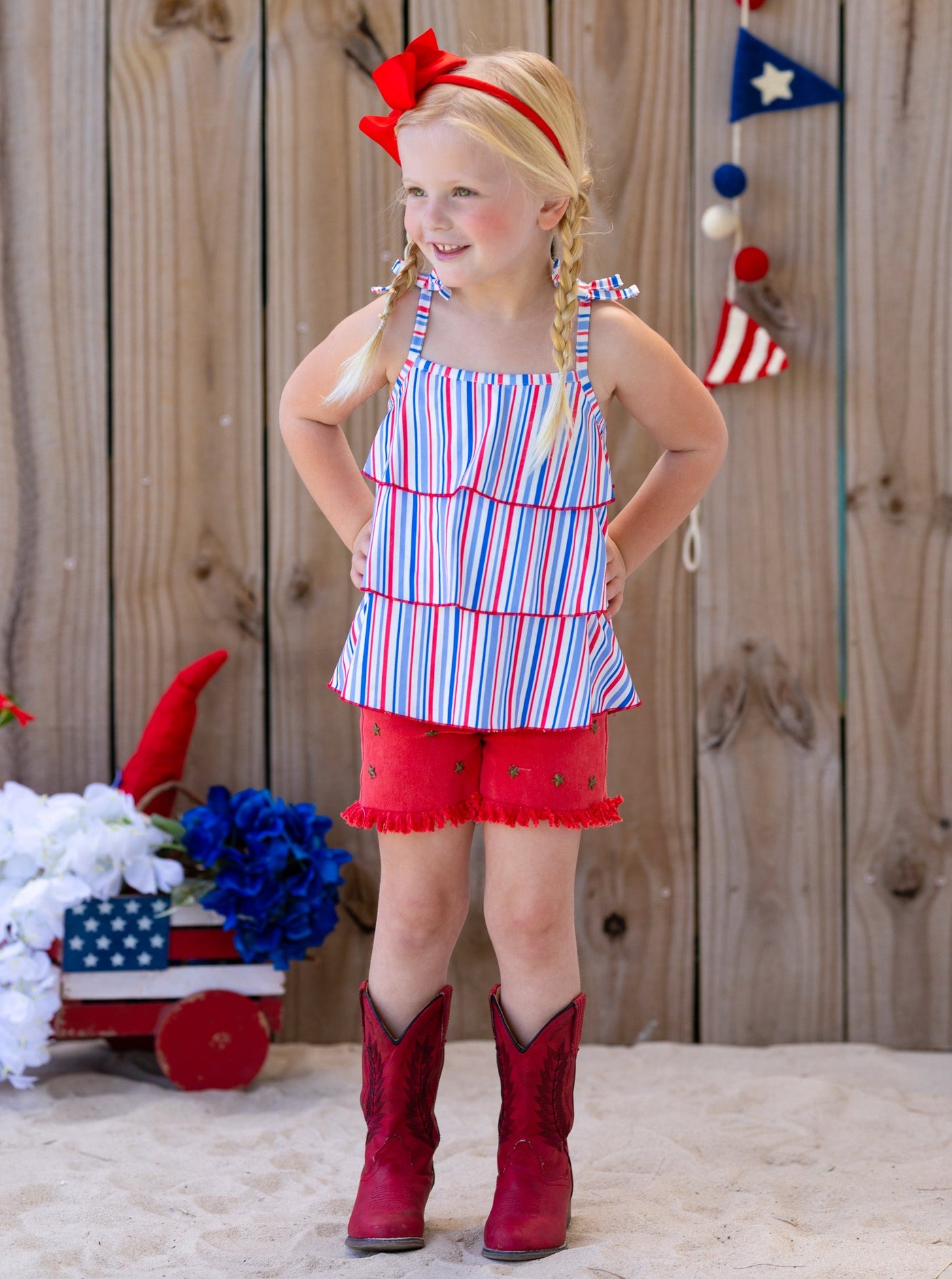 Girls 4th of July Sets | Tiered Halter Top & Frayed Denim Shorts Set