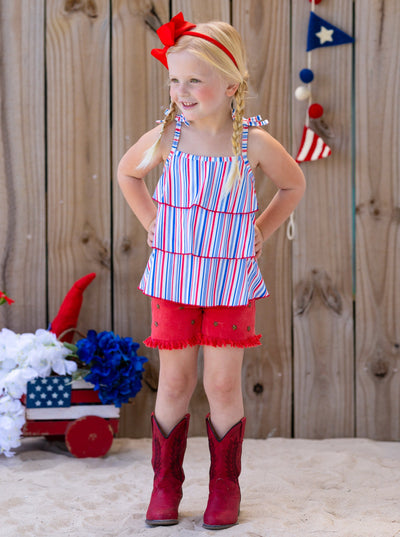 Girls 4th of July Sets | Tiered Halter Top & Frayed Denim Shorts Set