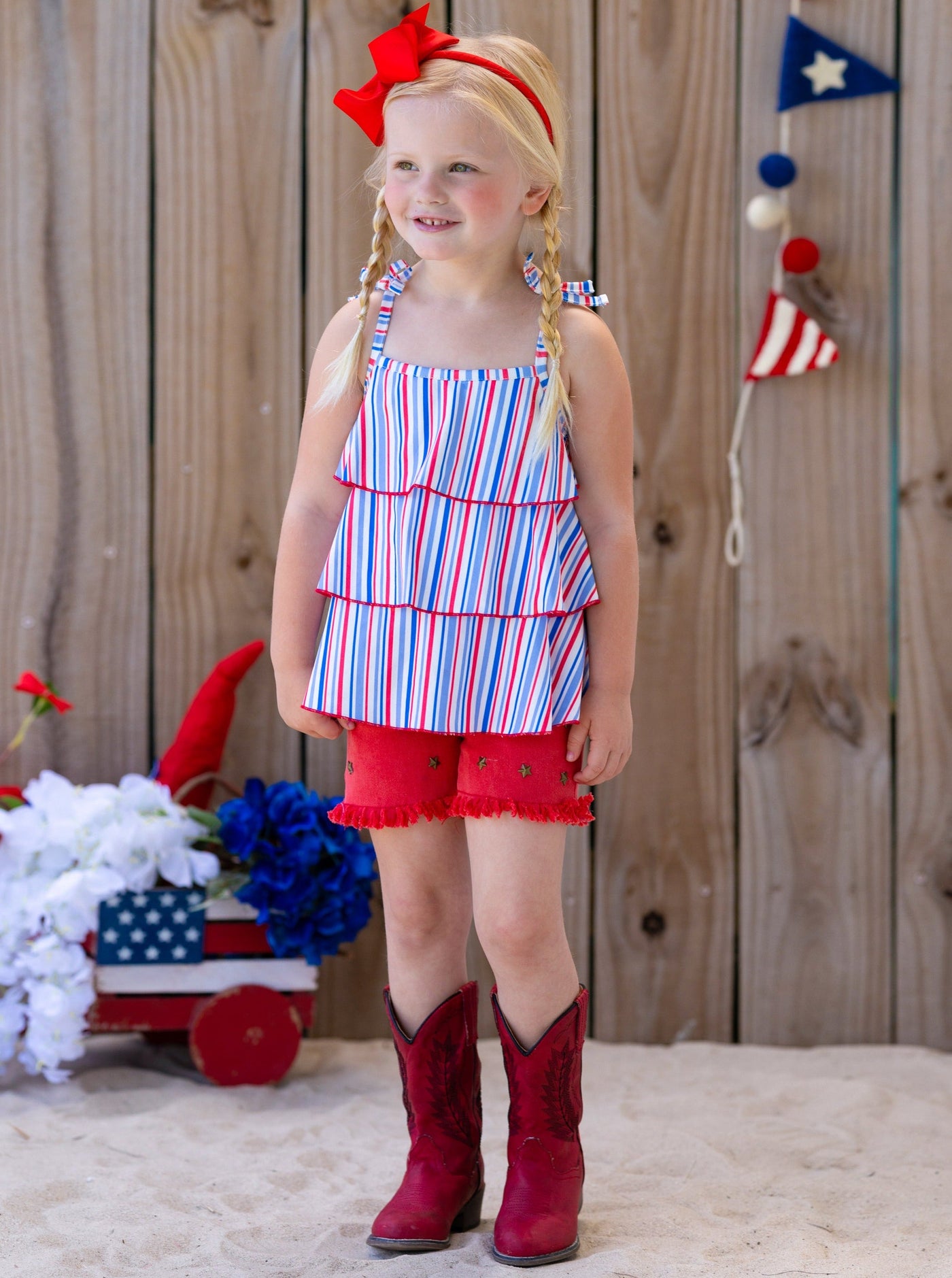 Girls 4th of July Sets | Tiered Halter Top & Frayed Denim Shorts Set