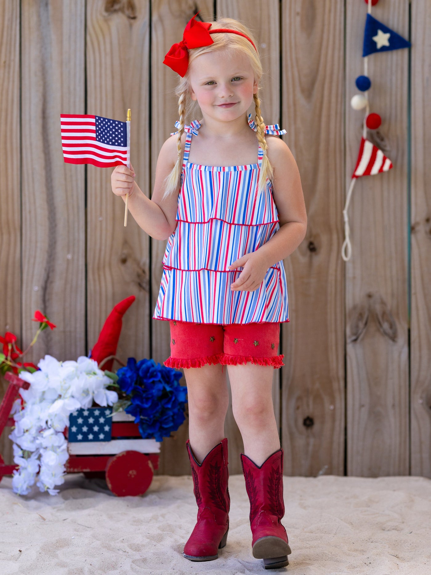 Girls 4th of July Sets | Tiered Halter Top & Frayed Denim Shorts Set