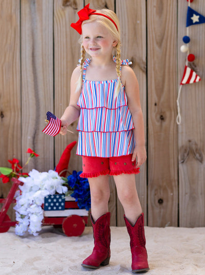 Girls 4th of July Sets | Tiered Halter Top & Frayed Denim Shorts Set