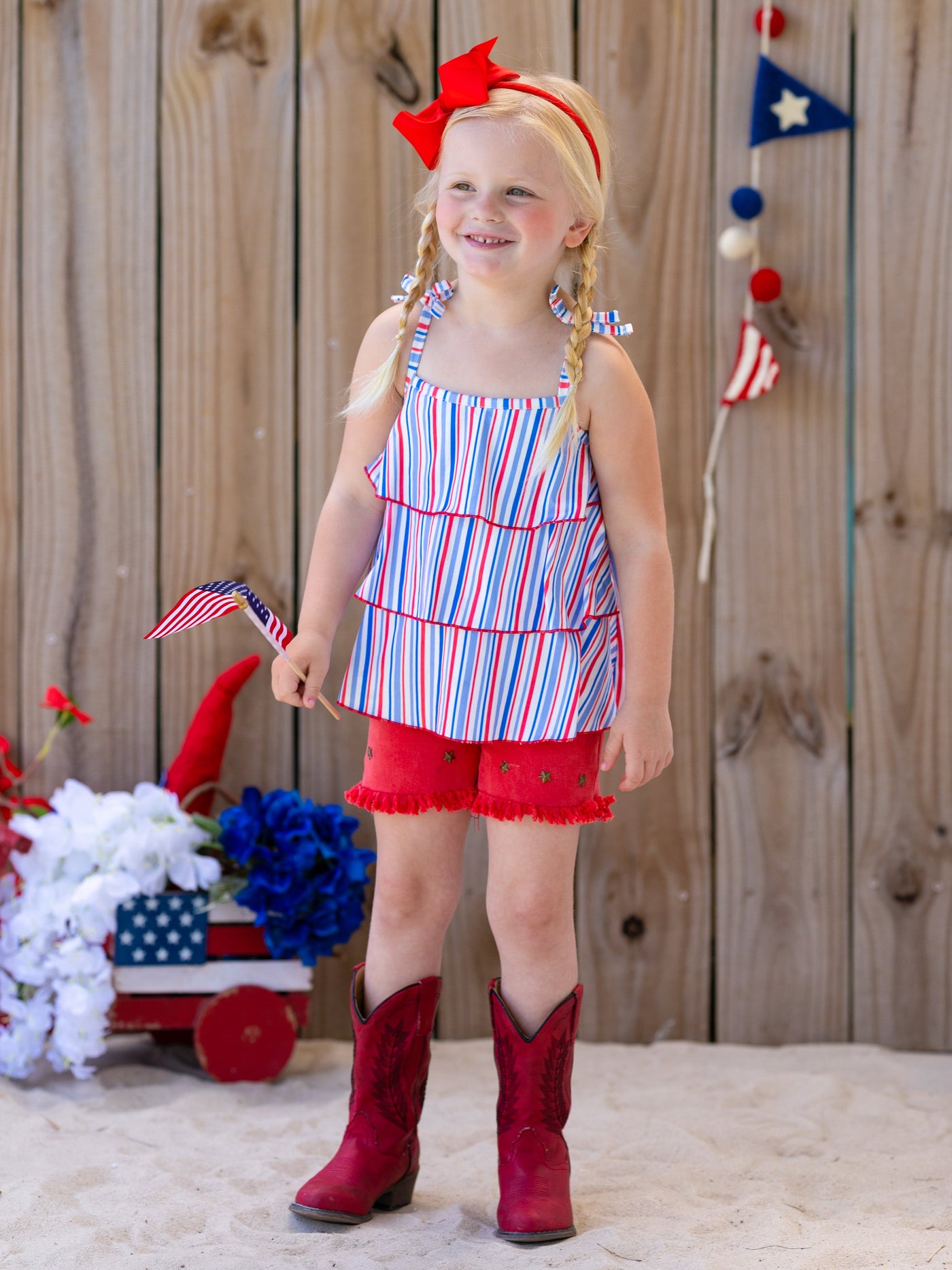 Girls 4th of July Sets | Tiered Halter Top & Frayed Denim Shorts Set