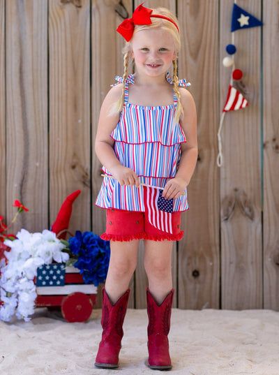 Girls 4th of July Sets | Tiered Halter Top & Frayed Denim Shorts Set