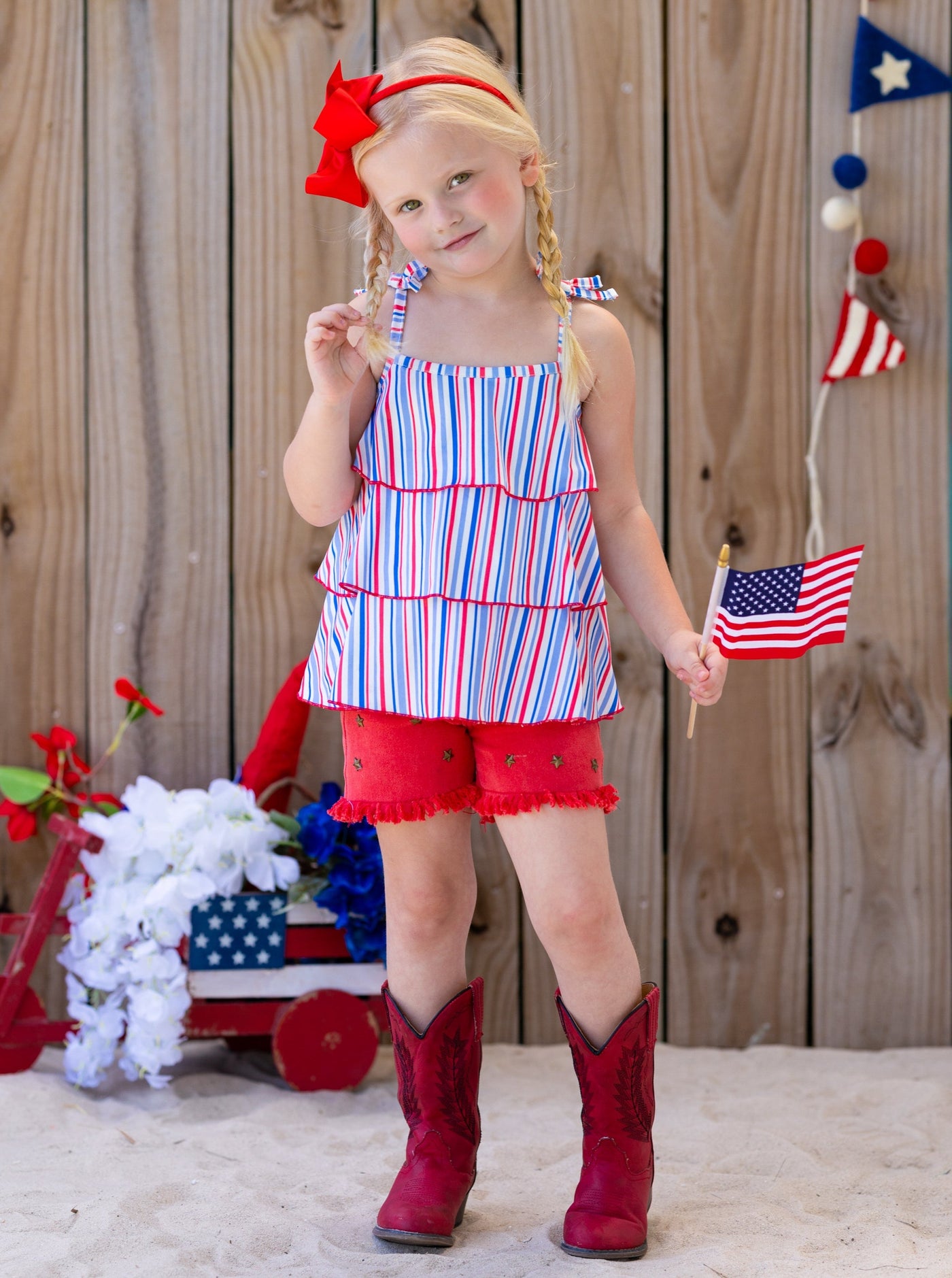 Girls 4th of July Sets | Tiered Halter Top & Frayed Denim Shorts Set