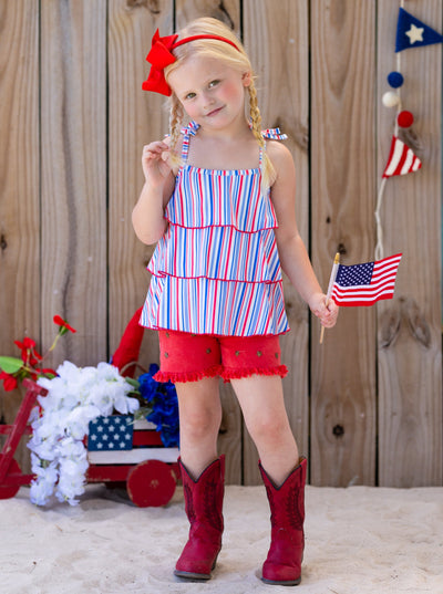 Girls 4th of July Sets | Tiered Halter Top & Frayed Denim Shorts Set