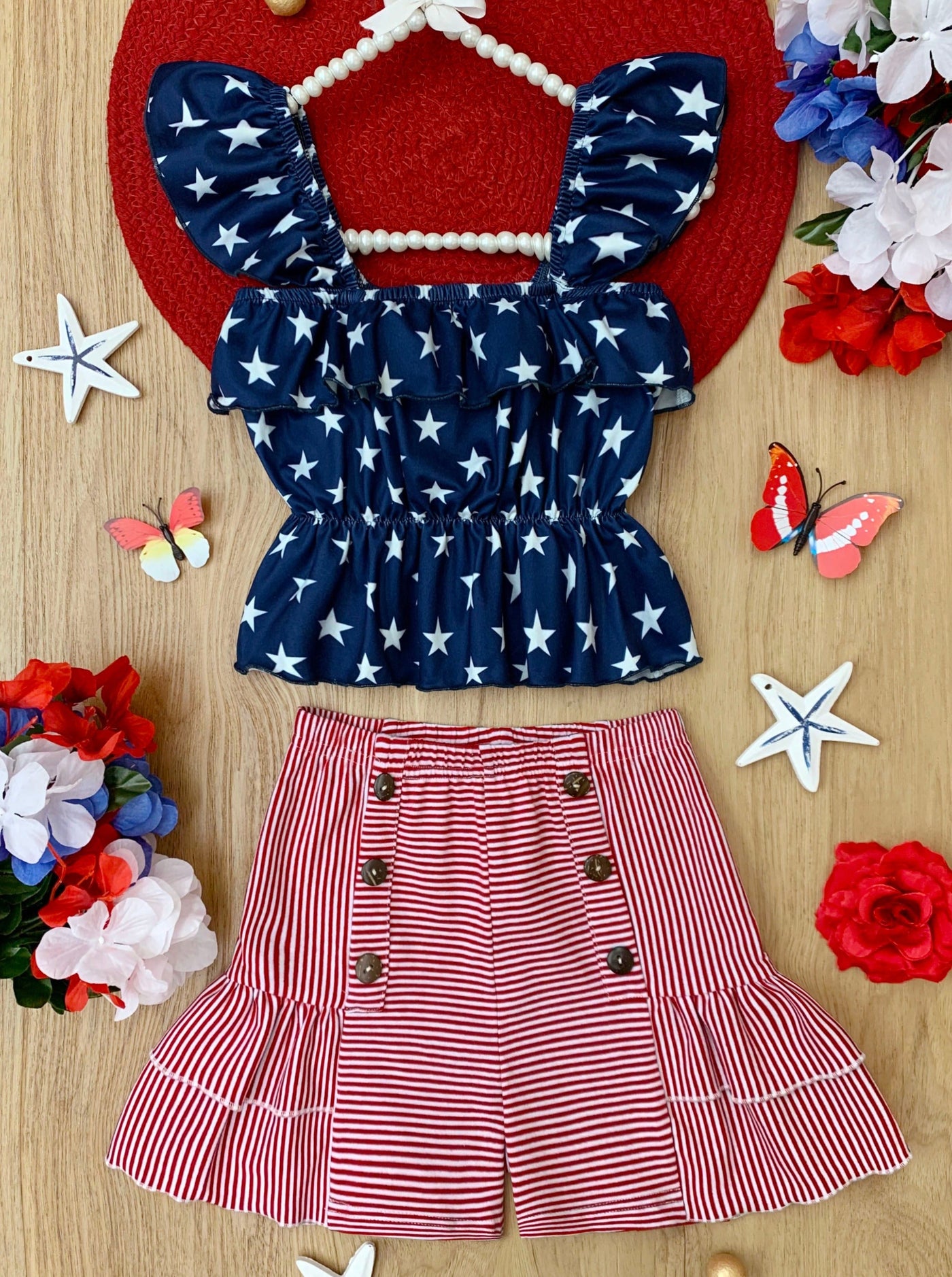 Girls 4th of July Outfits | Ruched Star Top & Striped Shorts Set