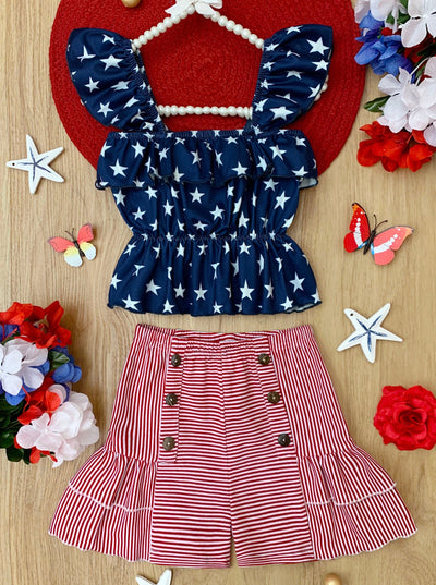 Girls 4th of July Outfits | Ruched Star Top & Striped Shorts Set