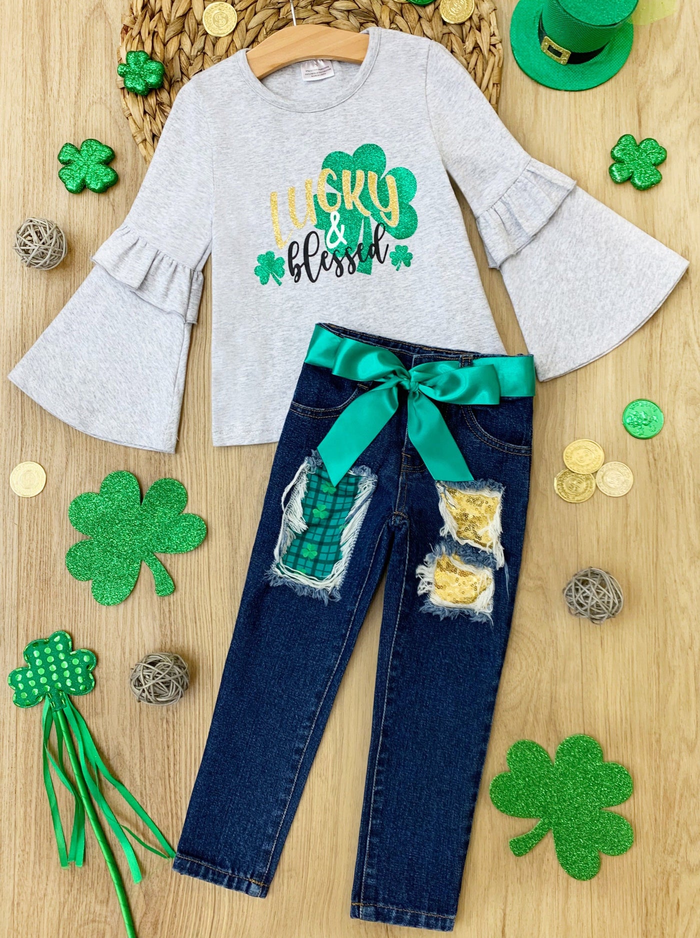 St. Patrick's Day Clothes | Lucky & Blessed Top & Patched Jeans Set