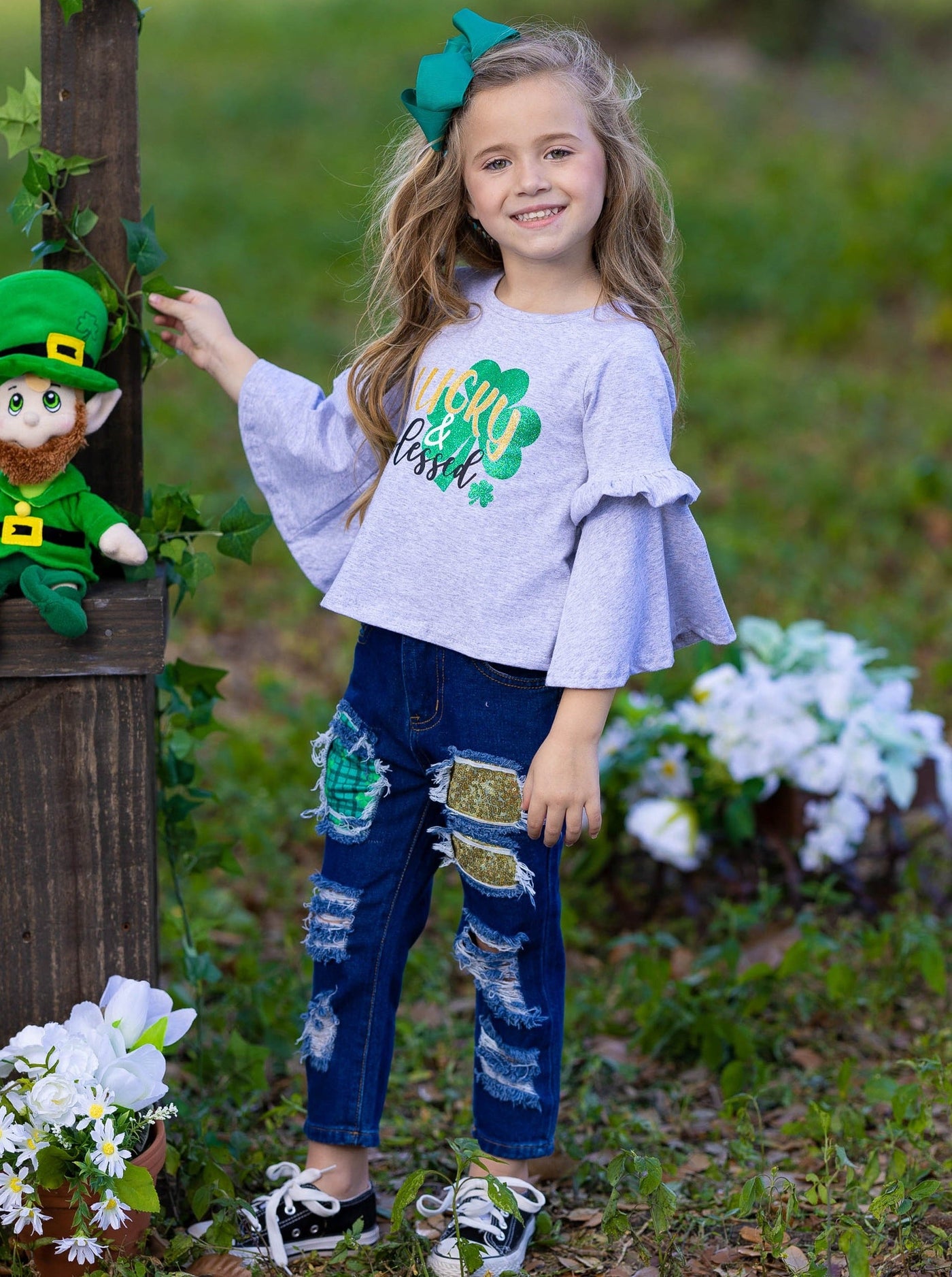 St. Patrick's Day Clothes | Lucky & Blessed Top & Patched Jeans Set