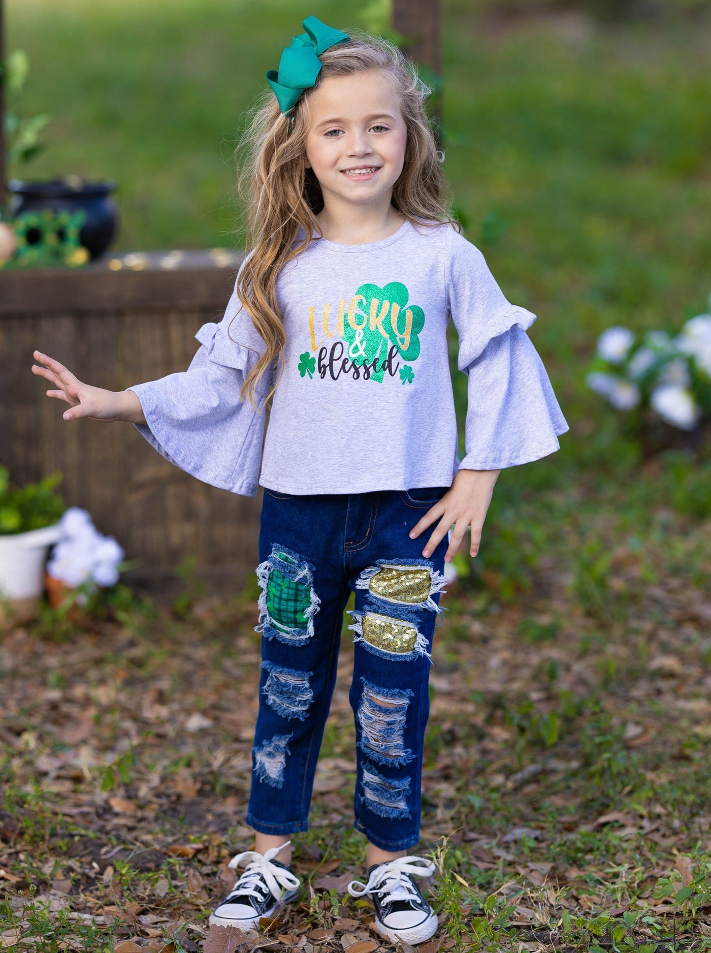 St. Patrick's Day Clothes | Lucky & Blessed Top & Patched Jeans Set