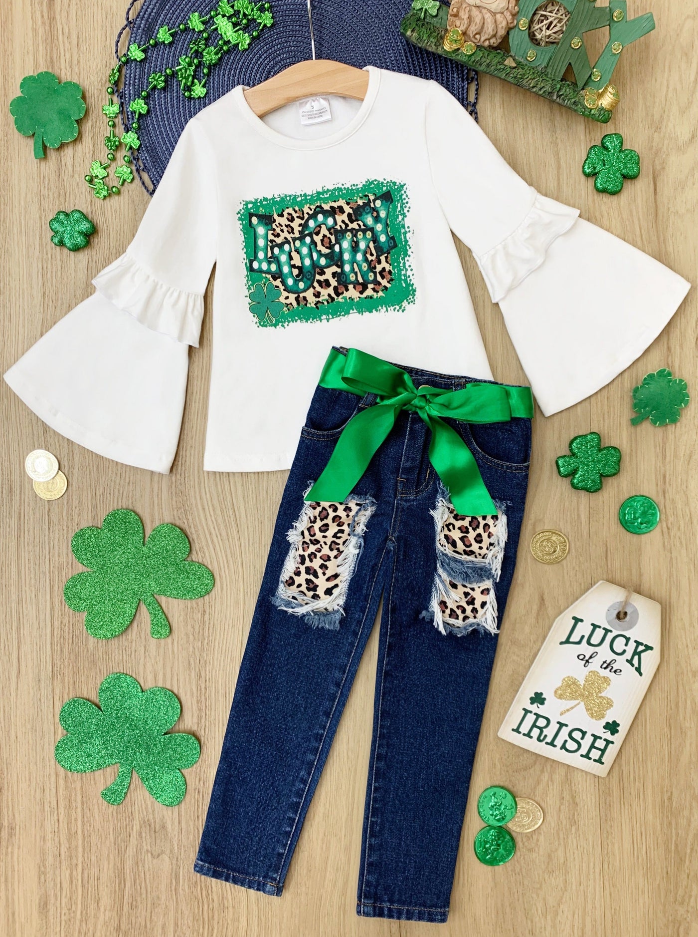 St. Patrick's Day Clothes | Girls Bell Sleeve Top & Patched Jeans Set