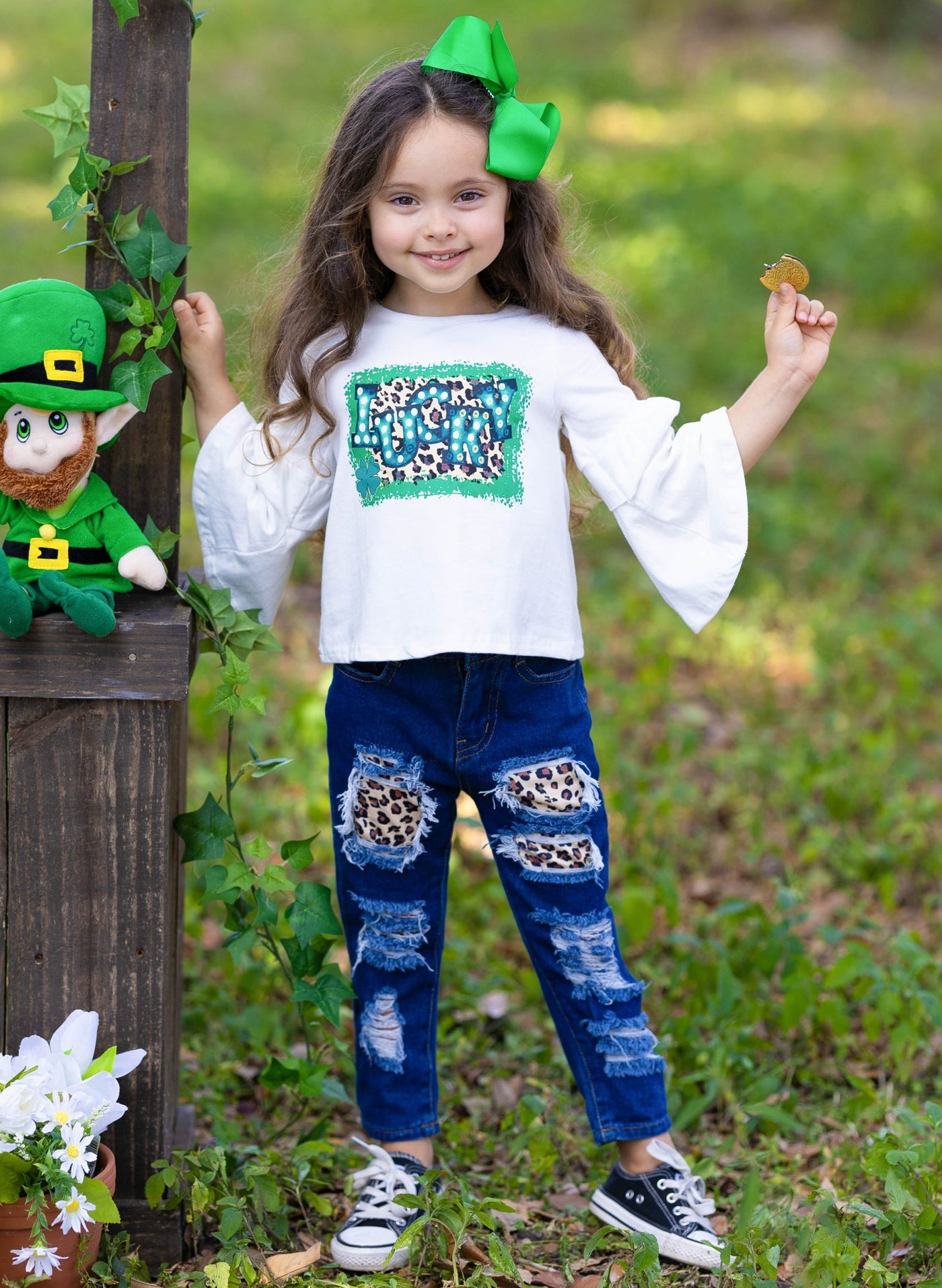 St. Patrick's Day Clothes | Girls Bell Sleeve Top & Patched Jeans Set