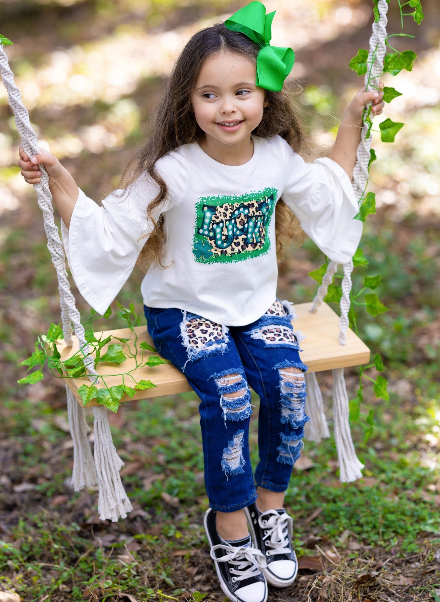 St. Patrick's Day Clothes | Girls Bell Sleeve Top & Patched Jeans Set
