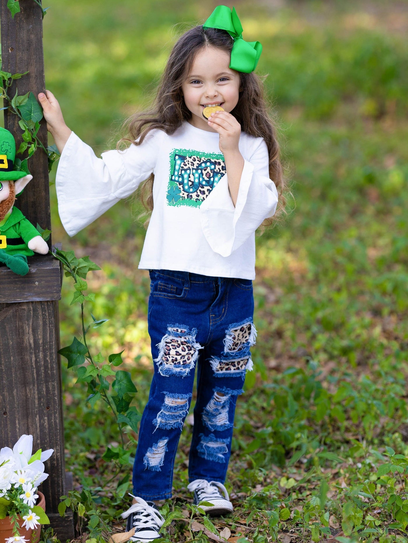 St. Patrick's Day Clothes | Girls Bell Sleeve Top & Patched Jeans Set