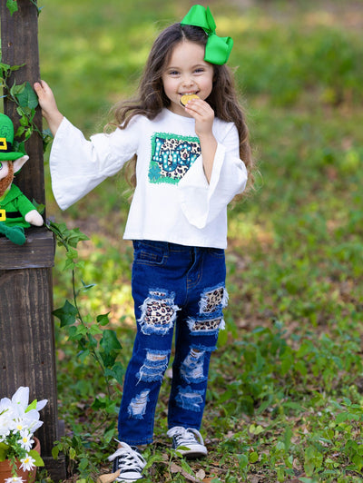 St. Patrick's Day Clothes | Girls Bell Sleeve Top & Patched Jeans Set