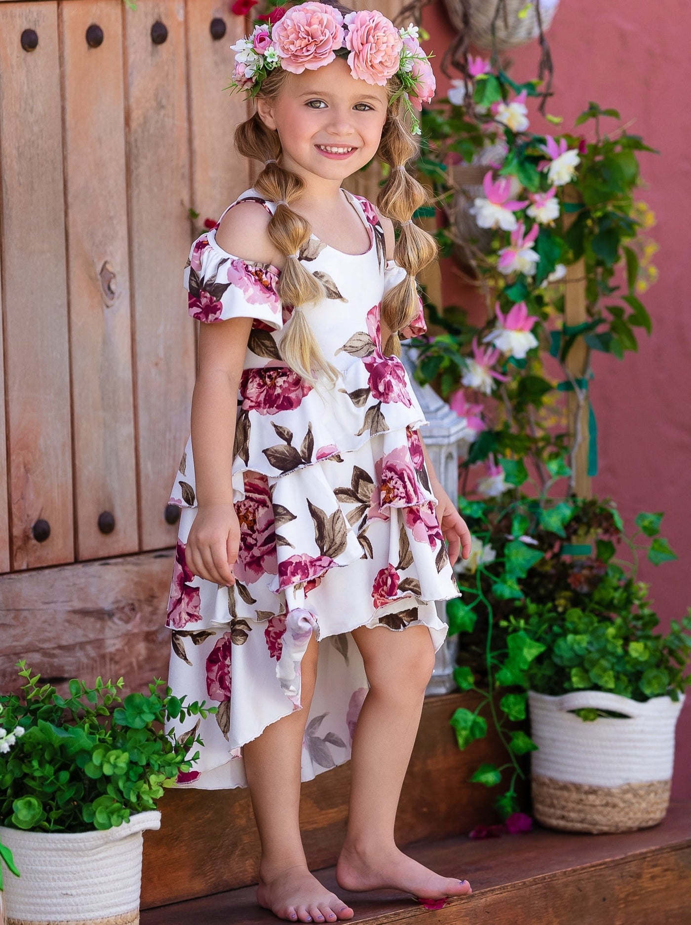 Girls Feeling Flowerful Cold Shoulder Hi Lo Dress - Mia Belle Girls
