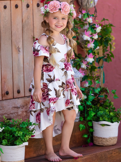 Girls Feeling Flowerful Cold Shoulder Hi Lo Dress - Mia Belle Girls