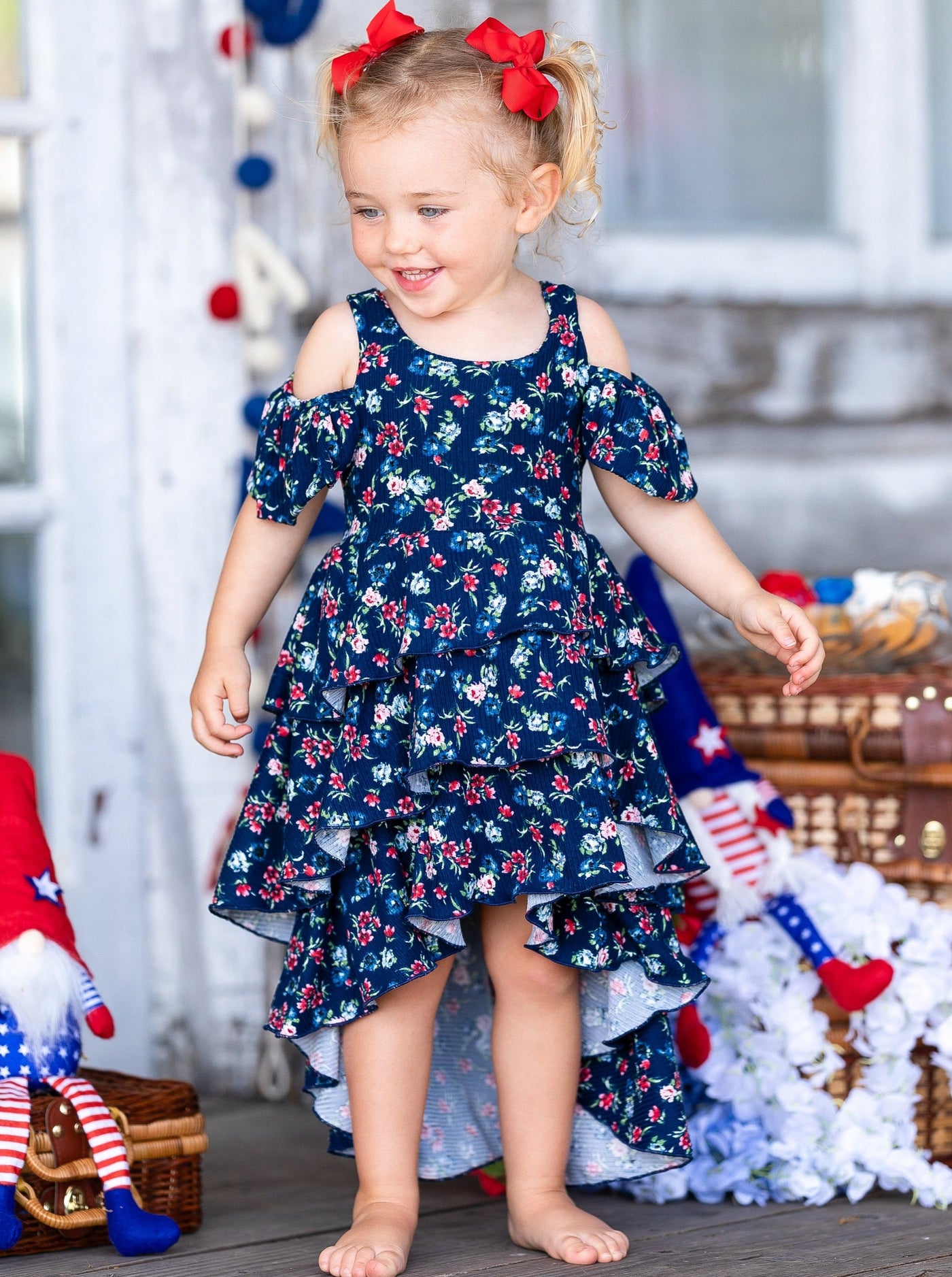 Spring Toddler Outfit | Girls Floral Cold Shoulder Hi Lo Ruffle Dress