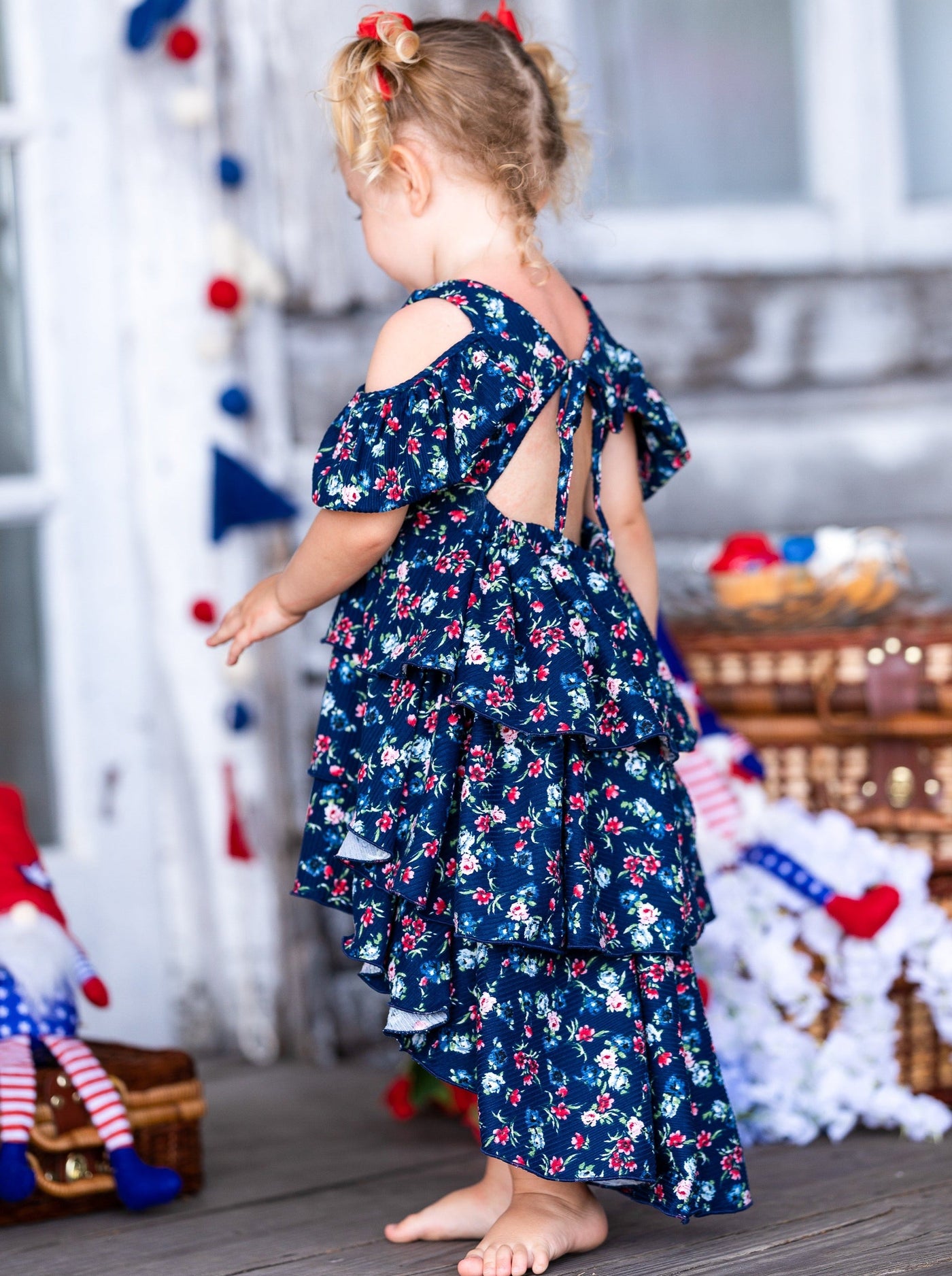 Spring Toddler Outfit | Girls Floral Cold Shoulder Hi Lo Ruffle Dress