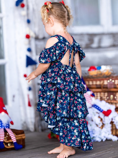 Spring Toddler Outfit | Girls Floral Cold Shoulder Hi Lo Ruffle Dress