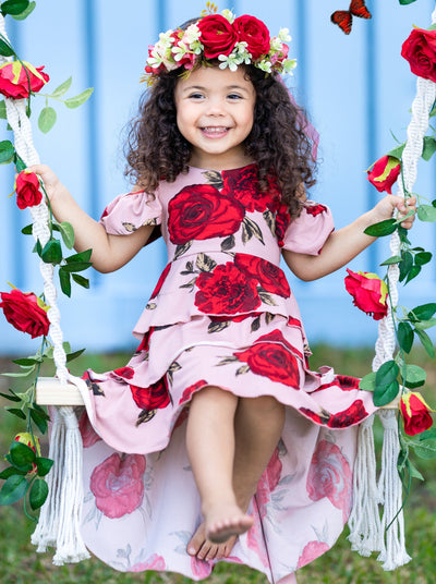 Toddler Spring Dresses | Girls Floral Open Back Tiered Hi Lo Dress