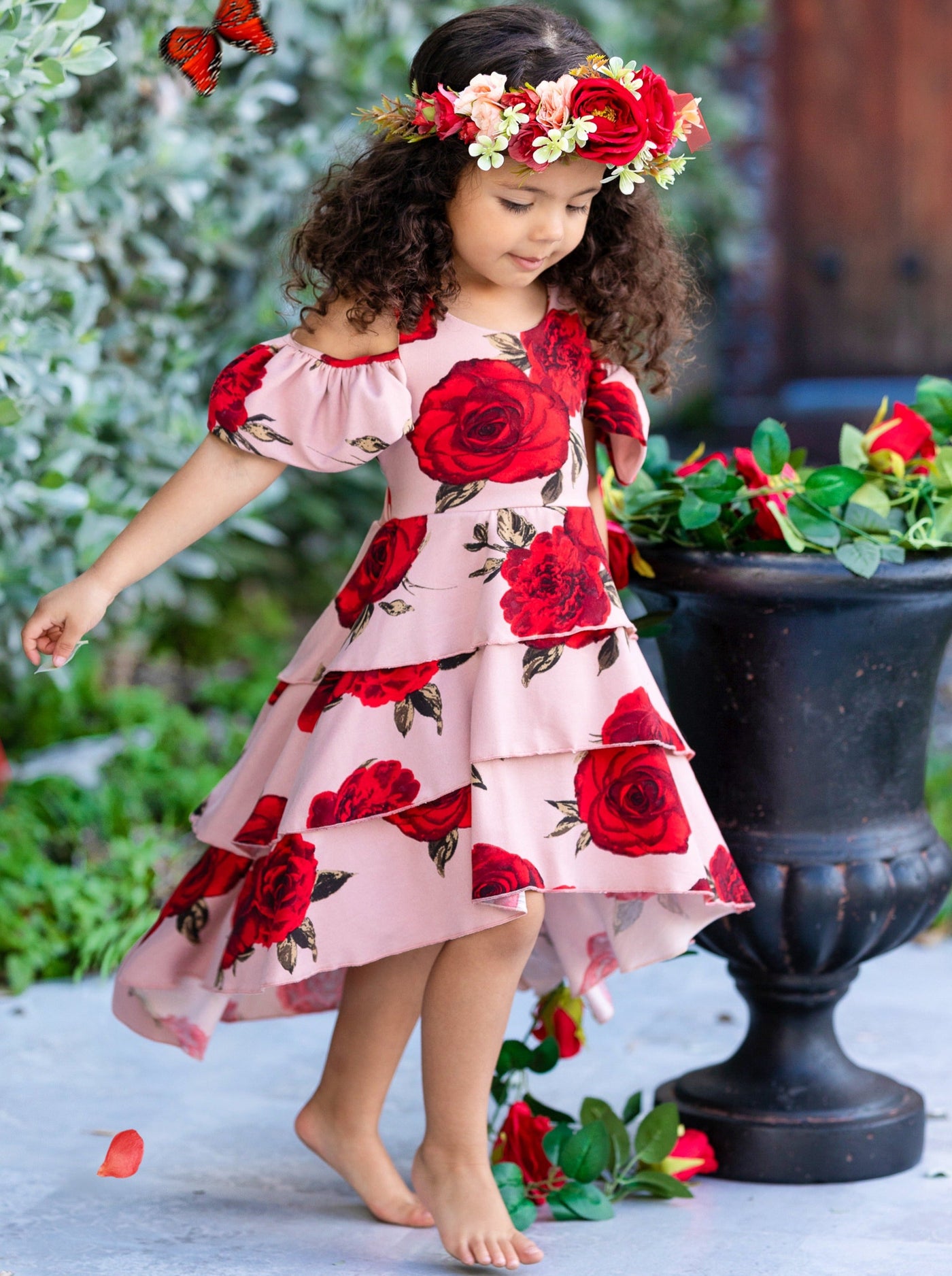 Toddler Spring Dresses | Girls Floral Open Back Tiered Hi Lo Dress