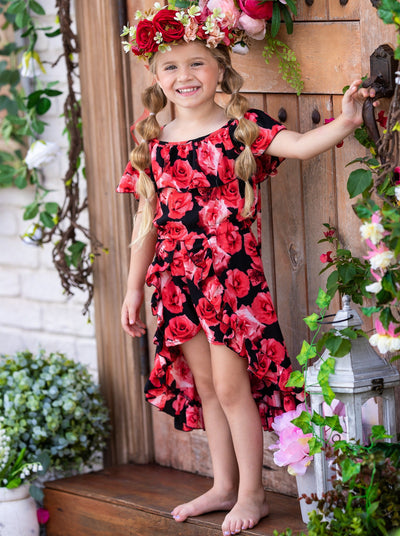 Toddler Spring Outfits | Girls Floral Print Cold Shoulder Romper Dress