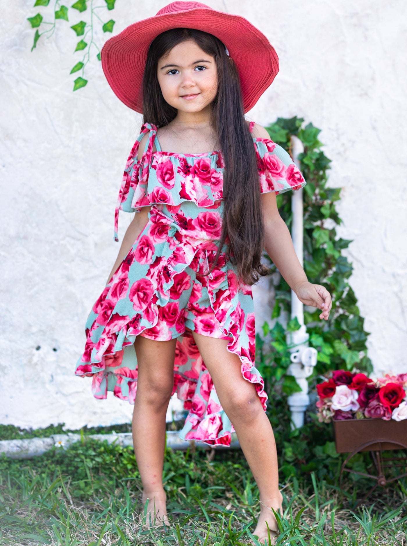 Toddler Spring Outfits | Girls Floral Cold Shoulder Romper Dress