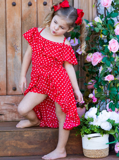 Girls Polka Dot Princess Cold Shoulder Romper Dress