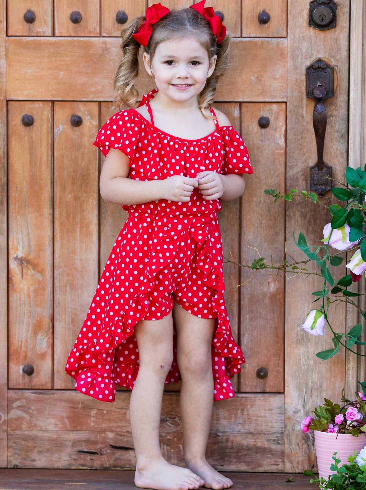 Girls Polka Dot Princess Cold Shoulder Romper Dress