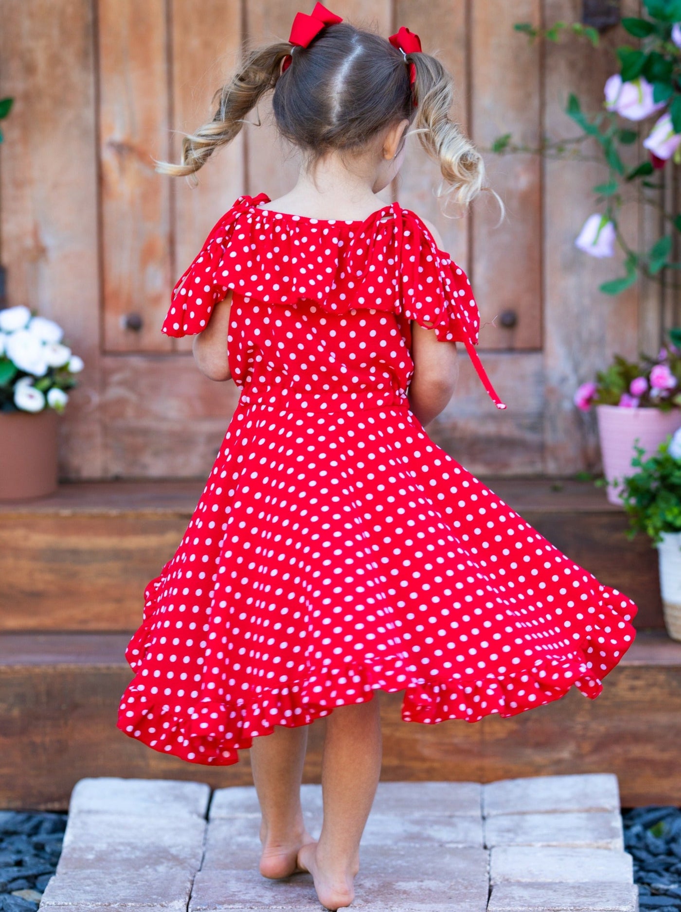Girls Polka Dot Princess Cold Shoulder Romper Dress