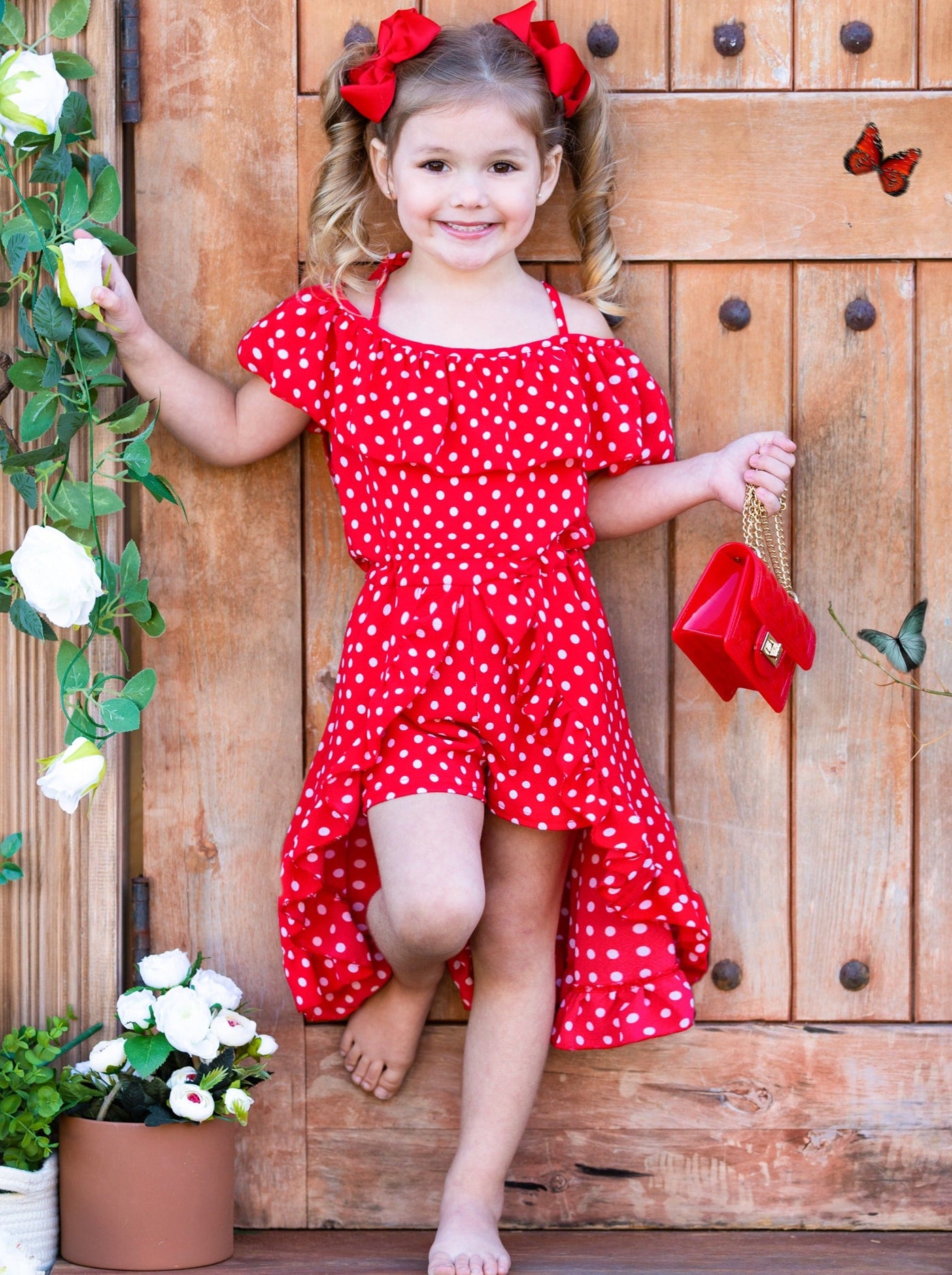Girls Polka Dot Princess Cold Shoulder Romper Dress