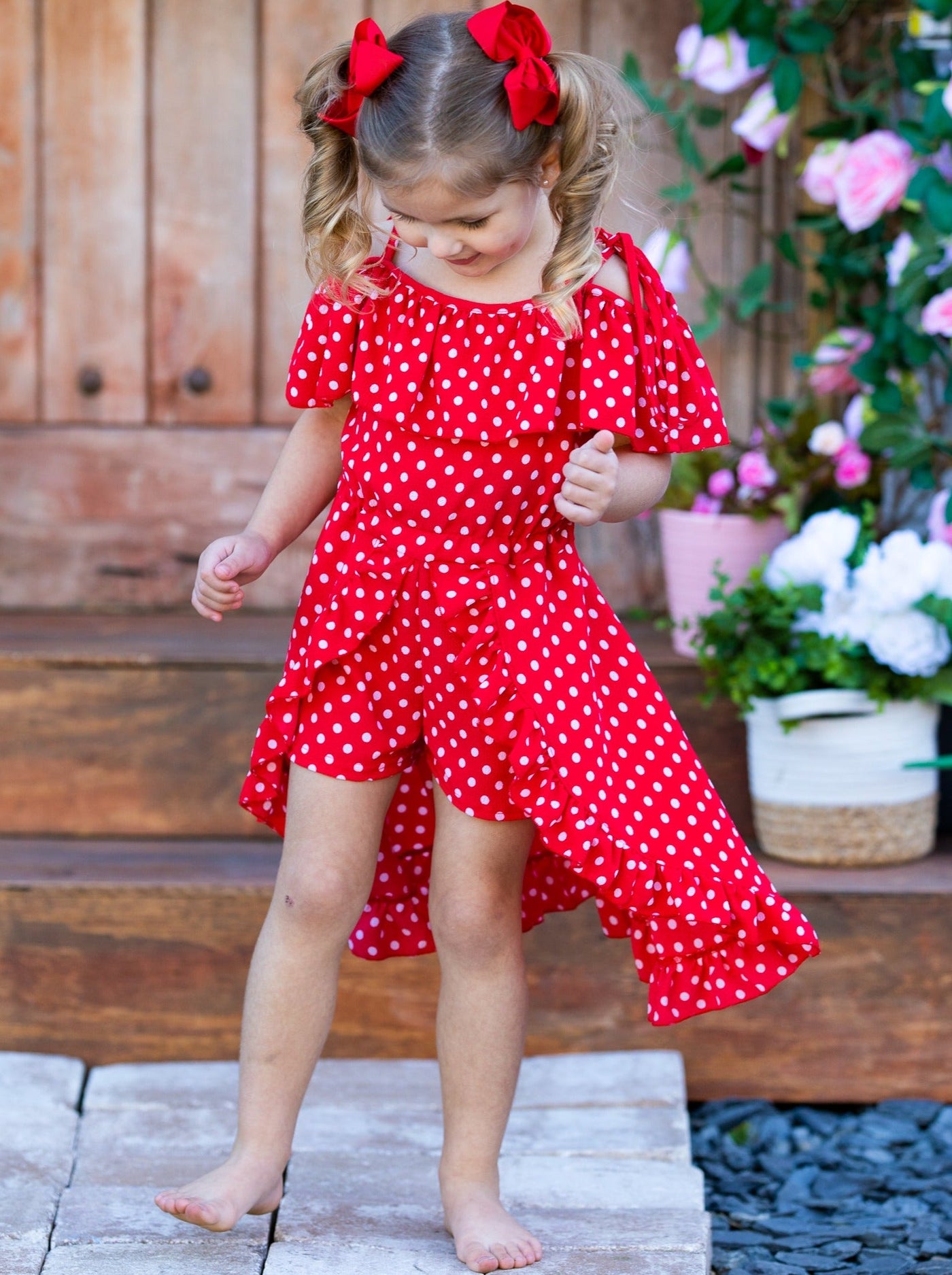 Girls Polka Dot Princess Cold Shoulder Romper Dress