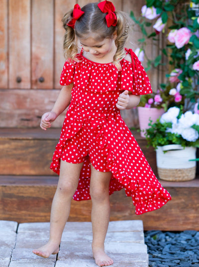 Girls Polka Dot Princess Cold Shoulder Romper Dress