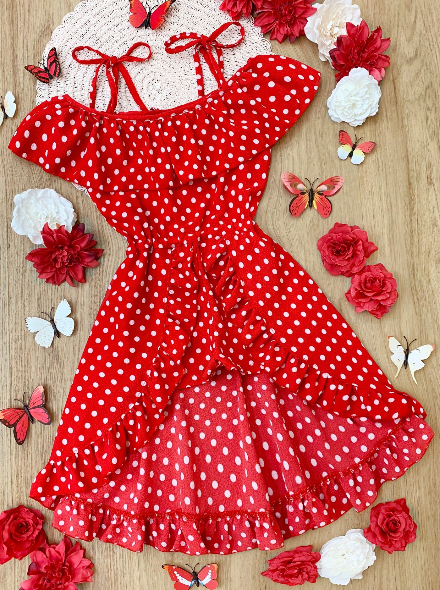 Girls Polka Dot Princess Cold Shoulder Romper Dress