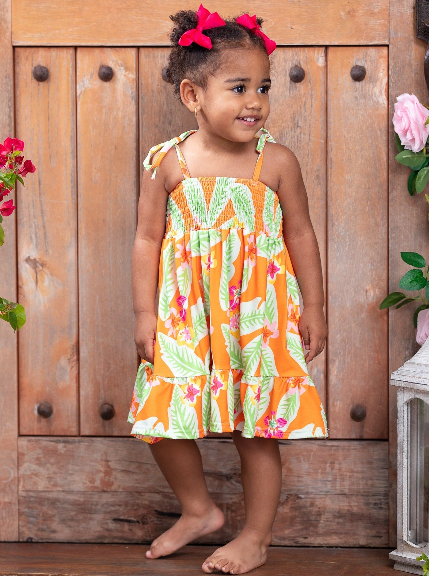 Girls Bahama Breeze Tropical Print Smocked Dress