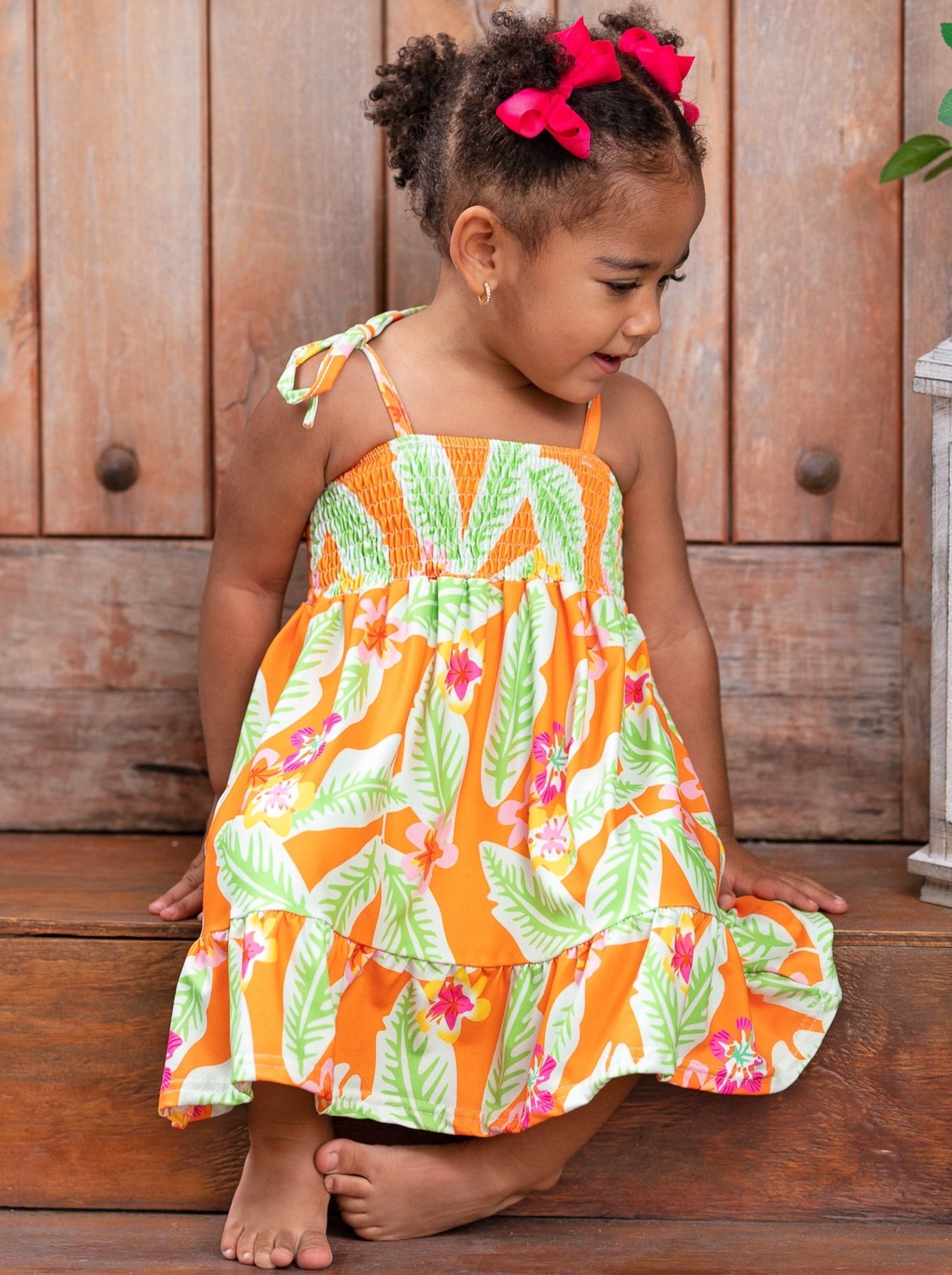 Girls Bahama Breeze Tropical Print Smocked Dress