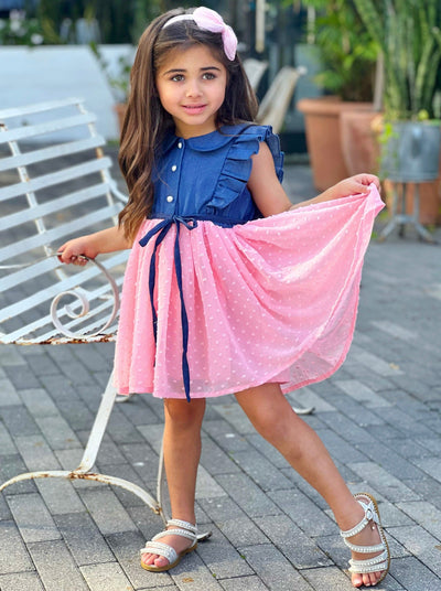 Cute Spring Toddler Outfits | Little Girls Chambray Swiss Dot Dress