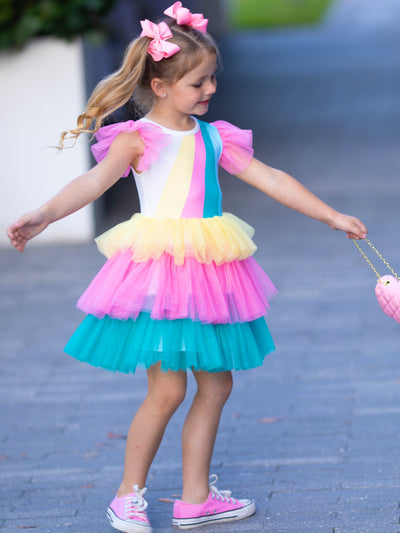 Spring Toddler Outfits | Girls Sleeveless Rainbow Ruffle Tulle Dress