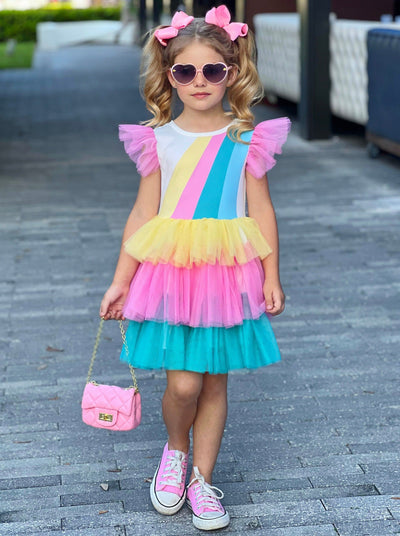 Spring Toddler Outfits | Girls Sleeveless Rainbow Ruffle Tulle Dress