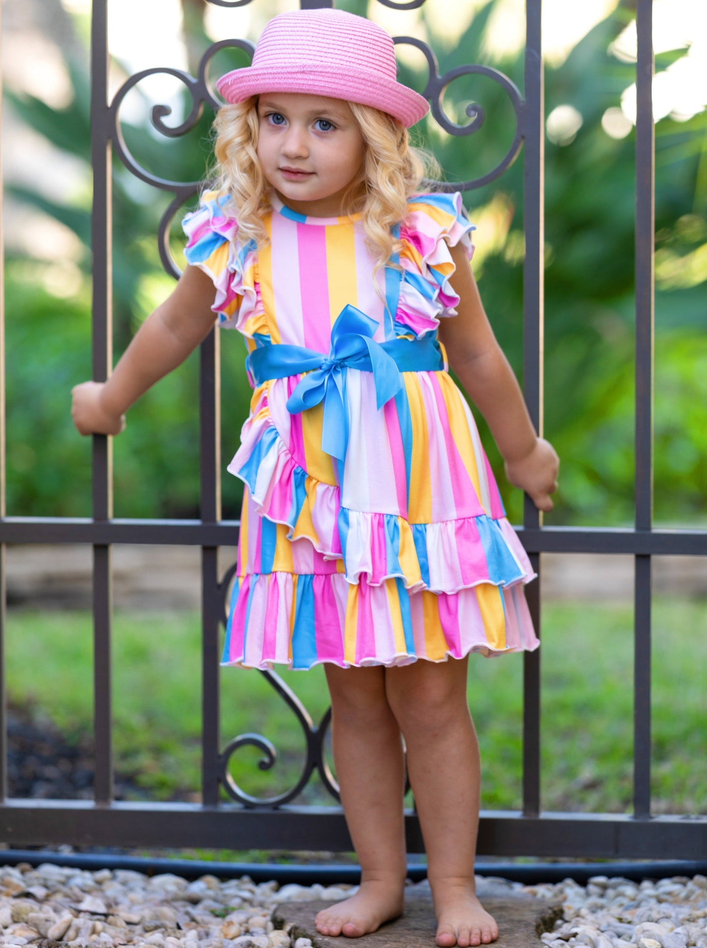 Cute Spring Toddler Outfits | Girls Rainbow Stripe Ruffle Wrap Dress