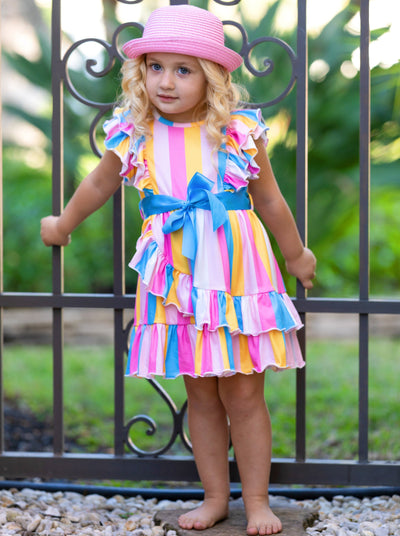 Cute Spring Toddler Outfits | Girls Rainbow Stripe Ruffle Wrap Dress