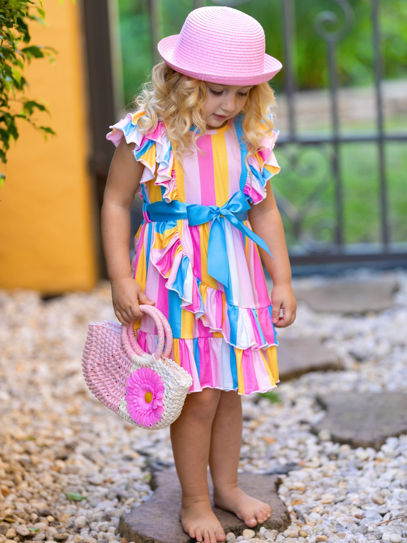 Cute Spring Toddler Outfits | Girls Rainbow Stripe Ruffle Wrap Dress