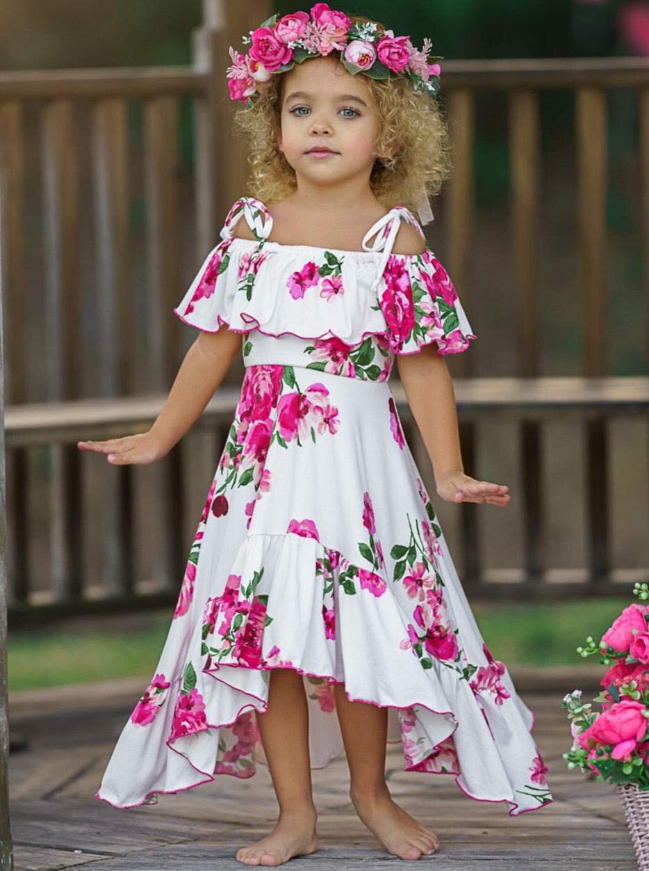Toddler Spring Clothes | Girls Floral Cold Shoulder Hi-Lo Sundress