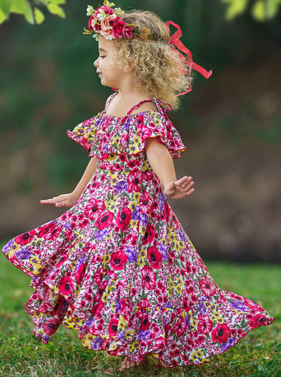 Kids Spring Clothes | Floral Ruffle Bib Cold Shoulder Hi-Lo Sundress